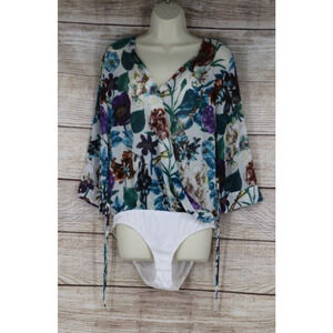 Umgee Womens Size Large Floral Bodysuit One Piece Blouse White Green Purple